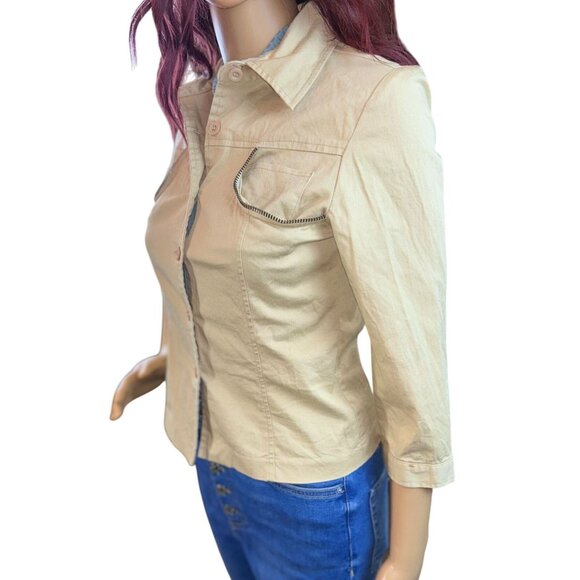 Modern Vintage Button Down Khaki Shirt with Zipper Detail Size XS - Picture 2 of 9